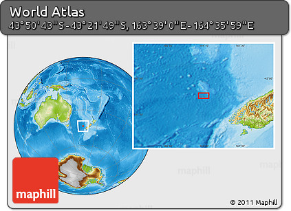 Physical Location Map of the Area around 43° 36' 16" S, 164° 7' 30" E