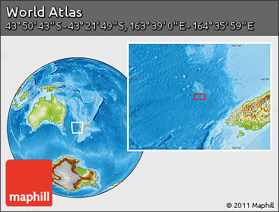 Physical Location Map of the Area around 43° 36' 16" S, 164° 7' 30" E