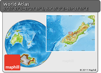 Physical Location Map of the Area around 43° 36' 16" S, 169° 13' 29" E