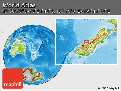 Physical Location Map of the Area around 43° 36' 16" S, 169° 13' 29" E