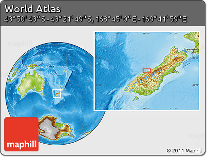 Physical Location Map of the Area around 43° 36' 16" S, 169° 13' 29" E