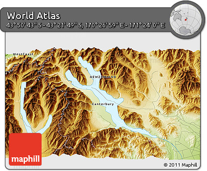 Physical 3D Map of the Area around 43° 36' 16" S, 170° 55' 30" E