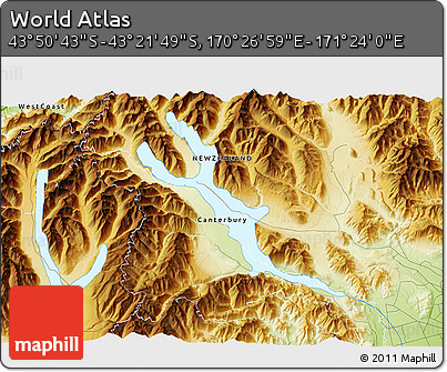 Physical 3D Map of the Area around 43° 36' 16" S, 170° 55' 30" E