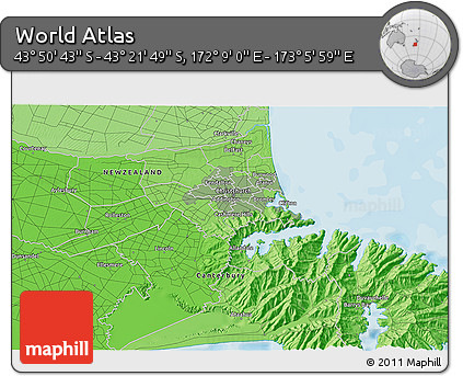 Political 3D Map of the Area around 43° 36' 16" S, 172° 37' 30" E
