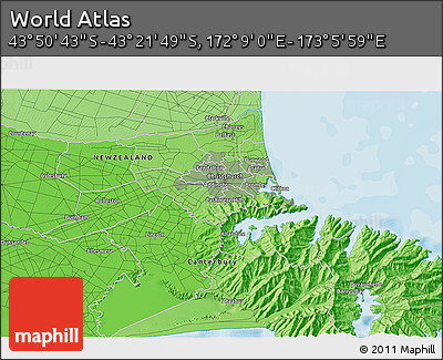 Political 3D Map of the Area around 43° 36' 16" S, 172° 37' 30" E