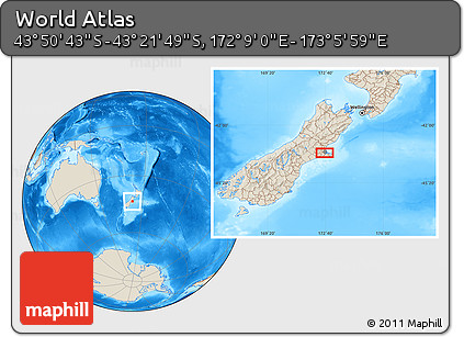 Shaded Relief Location Map of the Area around 43° 36' 16" S, 172° 37' 30" E