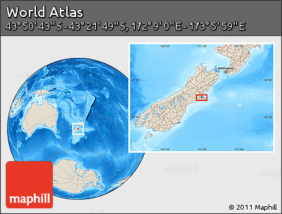 Shaded Relief Location Map of the Area around 43° 36' 16" S, 172° 37' 30" E
