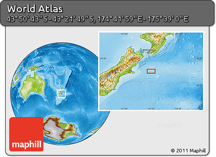 Physical Location Map of the Area around 43° 36' 16" S, 175° 10' 30" E