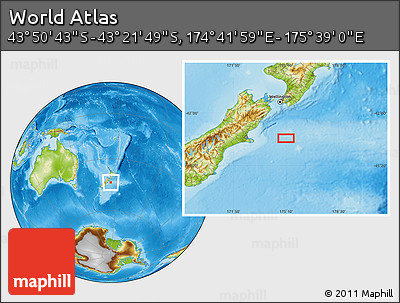 Physical Location Map of the Area around 43° 36' 16" S, 175° 10' 30" E