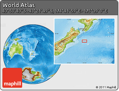 Physical Location Map of the Area around 43° 36' 16" S, 175° 10' 30" E
