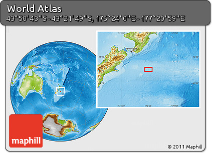 Physical Location Map of the Area around 43° 36' 16" S, 176° 52' 30" E