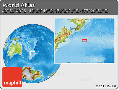 Physical Location Map of the Area around 43° 36' 16" S, 176° 52' 30" E