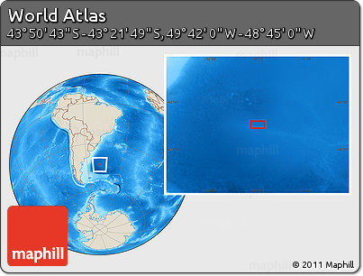 Shaded Relief Location Map of the Area around 43° 36' 16" S, 49° 13' 30" W