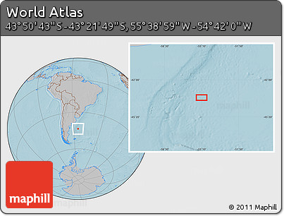 Gray Location Map of the Area around 43° 36' 16" S, 55° 10' 29" W, hill shading