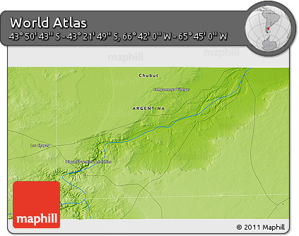 Physical 3D Map of the Area around 43° 36' 16" S, 66° 13' 29" W