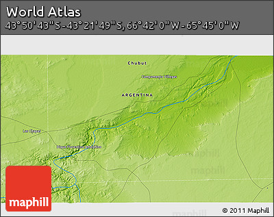 Physical 3D Map of the Area around 43° 36' 16" S, 66° 13' 29" W