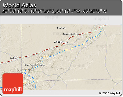 Shaded Relief 3D Map of the Area around 43° 36' 16" S, 66° 13' 29" W