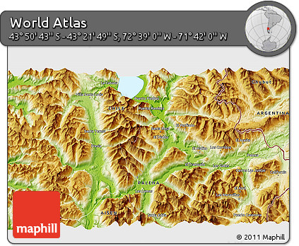 Physical 3D Map of the Area around 43° 36' 16" S, 72° 10' 30" W