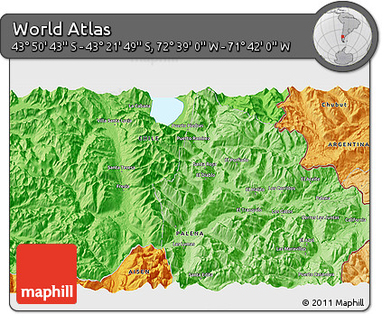 Political 3D Map of the Area around 43° 36' 16" S, 72° 10' 30" W