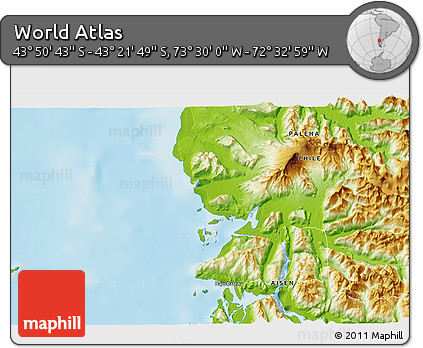 Physical 3D Map of the Area around 43° 36' 16" S, 73° 1' 30" W