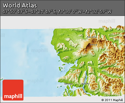 Physical 3D Map of the Area around 43° 36' 16" S, 73° 1' 30" W