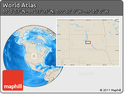 Shaded Relief Location Map of the Area around 44° 19' 14" N, 100° 13' 29" W