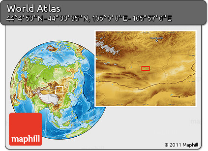 Physical Location Map of the Area around 44° 19' 14" N, 105° 28' 29" E
