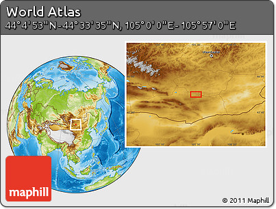 Physical Location Map of the Area around 44° 19' 14" N, 105° 28' 29" E