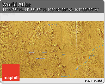 Physical 3D Map of the Area around 44° 19' 14" N, 105° 19' 29" W