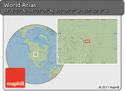 Savanna Style Location Map of the Area around 44° 19' 14" N, 106° 10' 30" W, hill shading