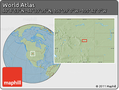 Savanna Style Location Map of the Area around 44° 19' 14" N, 106° 10' 30" W, hill shading