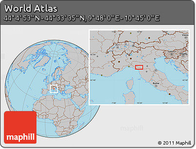 Gray Location Map of the Area around 44° 19' 14" N, 10° 16' 30" E