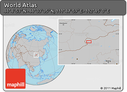 Gray Location Map of the Area around 44° 19' 14" N, 112° 16' 30" E