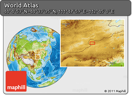 Physical Location Map of the Area around 44° 19' 14" N, 112° 16' 30" E