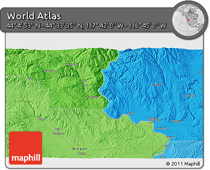 Political 3D Map of the Area around 44° 19' 14" N, 117° 13' 29" W