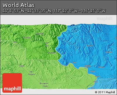 Political 3D Map of the Area around 44° 19' 14" N, 117° 13' 29" W