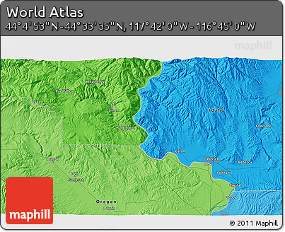Political 3D Map of the Area around 44° 19' 14" N, 117° 13' 29" W