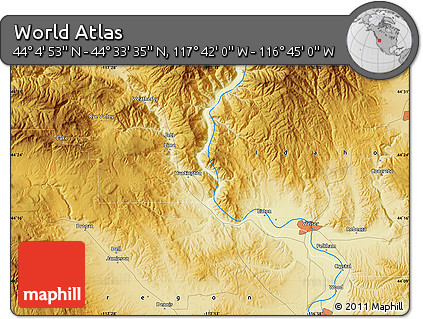 Physical Map of the Area around 44° 19' 14" N, 117° 13' 29" W