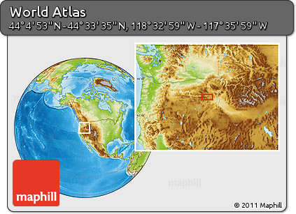 Physical Location Map of the Area around 44° 19' 14" N, 118° 4' 29" W