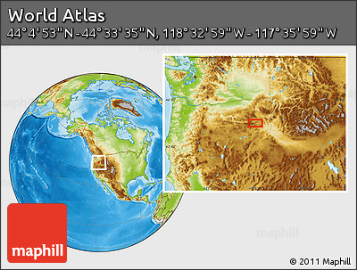 Physical Location Map of the Area around 44° 19' 14" N, 118° 4' 29" W
