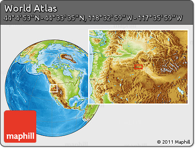 Physical Location Map of the Area around 44° 19' 14" N, 118° 4' 29" W