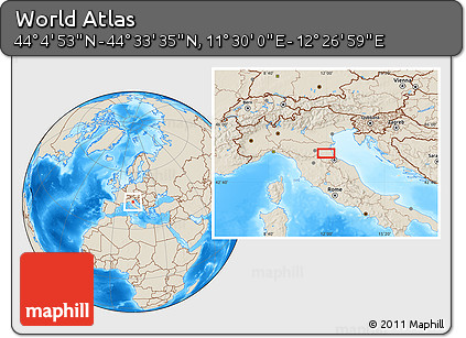 Shaded Relief Location Map of the Area around 44° 19' 14" N, 11° 58' 29" E