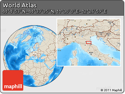 Shaded Relief Location Map of the Area around 44° 19' 14" N, 11° 58' 29" E