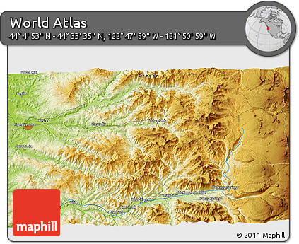 Physical 3D Map of the Area around 44° 19' 14" N, 122° 19' 29" W