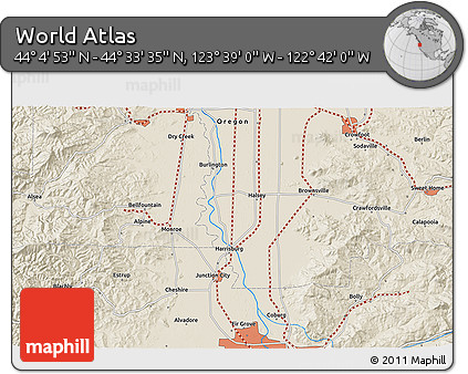 Shaded Relief 3D Map of the Area around 44° 19' 14" N, 123° 10' 30" W