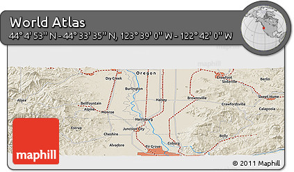 Shaded Relief Panoramic Map of the Area around 44° 19' 14" N, 123° 10' 30" W