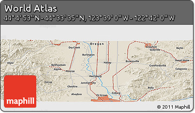 Shaded Relief Panoramic Map of the Area around 44° 19' 14" N, 123° 10' 30" W