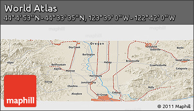 Shaded Relief Panoramic Map of the Area around 44° 19' 14" N, 123° 10' 30" W