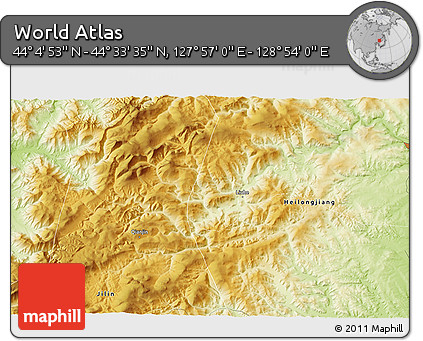 Physical 3D Map of the Area around 44° 19' 14" N, 128° 25' 30" E