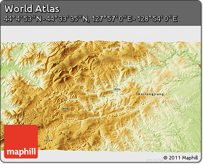 Physical 3D Map of the Area around 44° 19' 14" N, 128° 25' 30" E